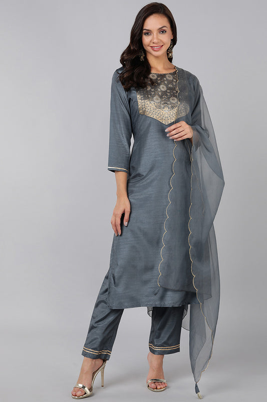 AHIKA Women Grey Yoke Design Kurta Trousers With Dupatta