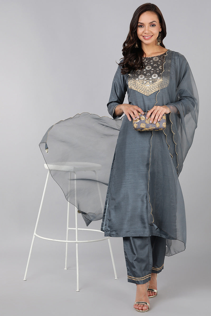 AHIKA Women Grey Yoke Design Kurta Trousers With Dupatta