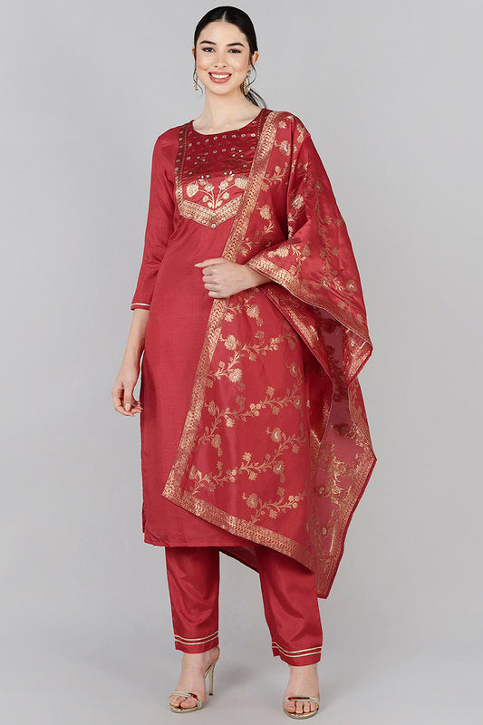 AHIKA Women Red Yoke Design Kurta Trousers With Dupatta