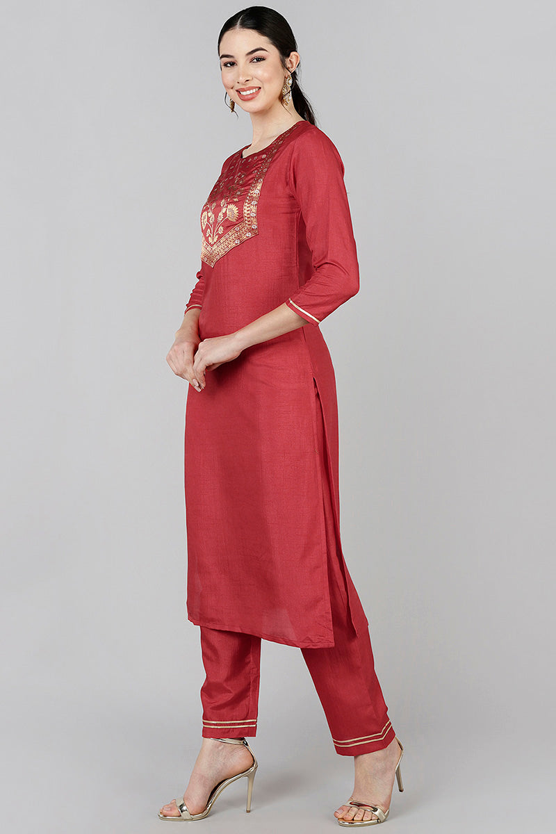 AHIKA Women Red Yoke Design Kurta Trousers With Dupatta