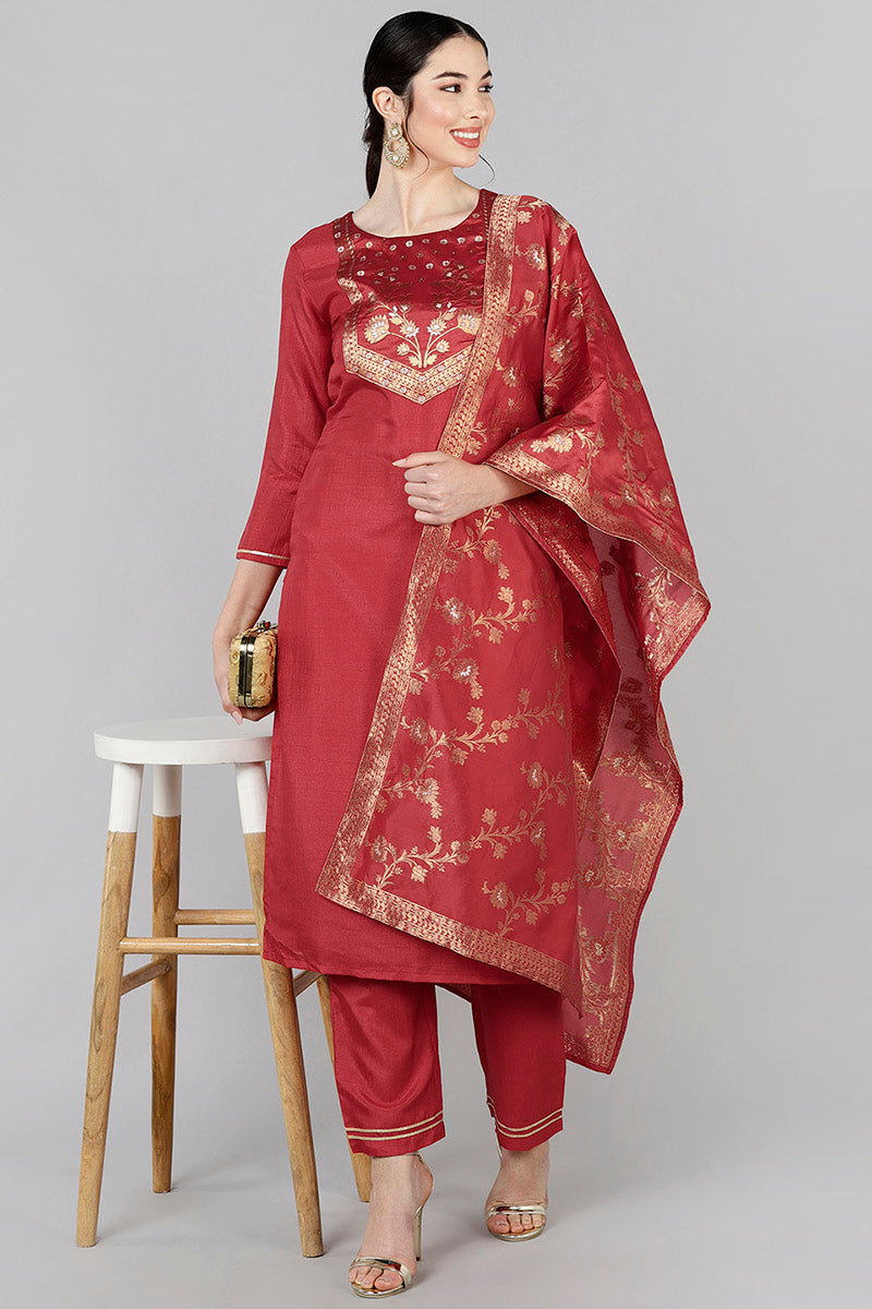 AHIKA Women Red Yoke Design Kurta Trousers With Dupatta