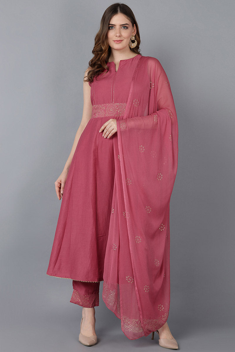 Pink Poly Silk Anarkali Kurta Pant With Dupatta PKSKD1324