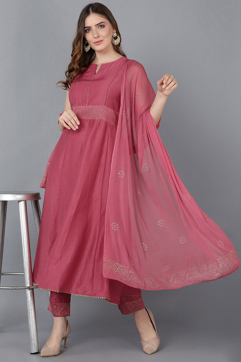 Pink Poly Silk Anarkali Kurta Pant With Dupatta PKSKD1324
