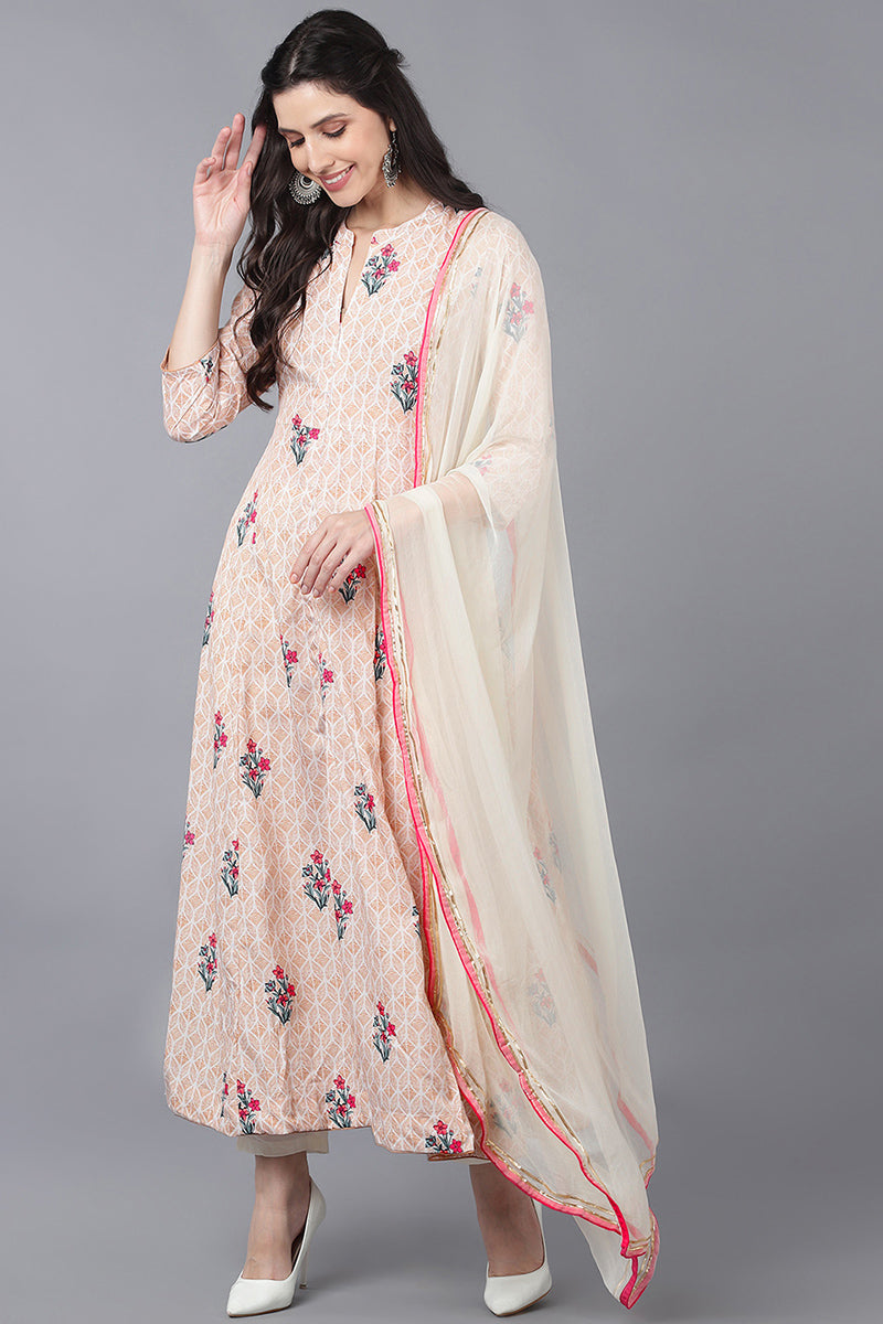 AHIKA Women Beige Printed Kurta Trousers With Dupatta