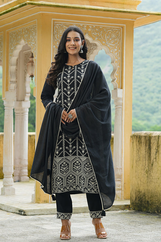 AHIKA Women Black Embroidered Kurta Trousers With Dupatta