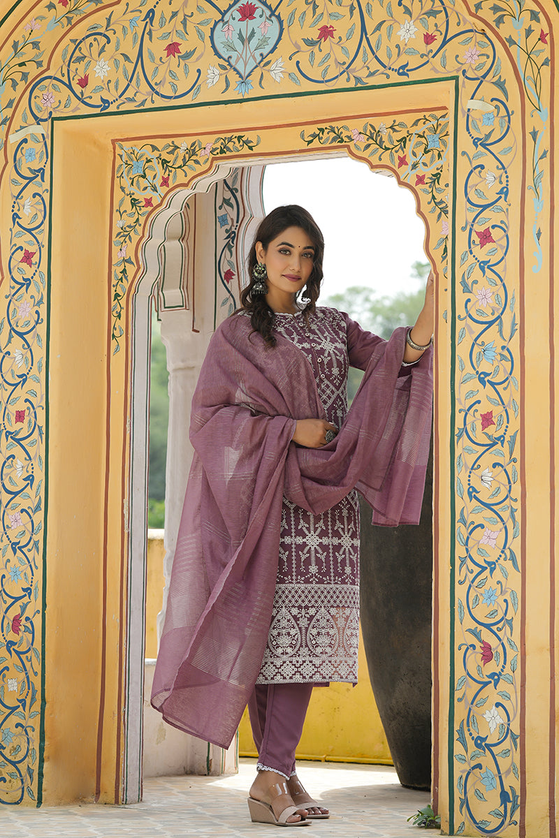 AHIKA Women Lavender Embroidered Kurta Trousers With Dupatta