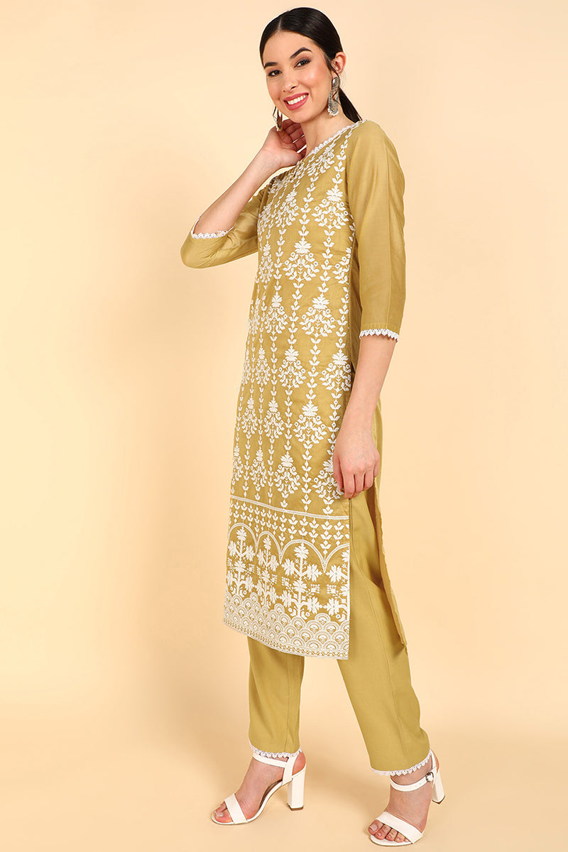 AHIKA Women Olive Embroidered Kurta Trousers With Dupatta