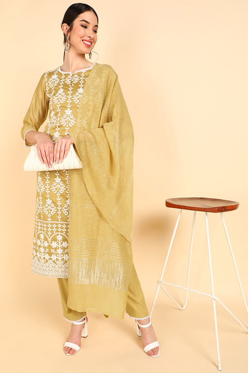 AHIKA Women Olive Embroidered Kurta Trousers With Dupatta