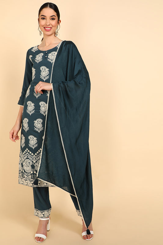 AHIKA Women Charcoal Embroidered Kurta Trousers With Dupatta