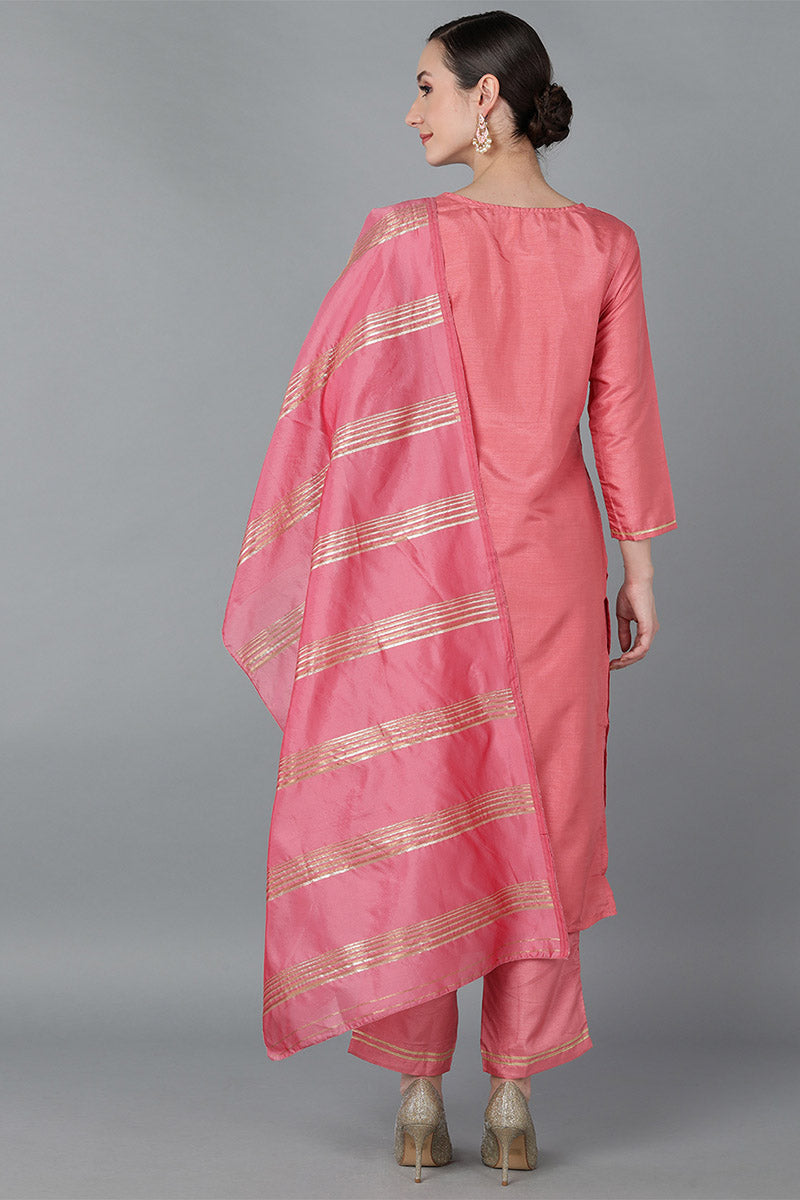 Ahika Women Rose Poly Silk Yoke Design Kurta Trousers With Dupatta 