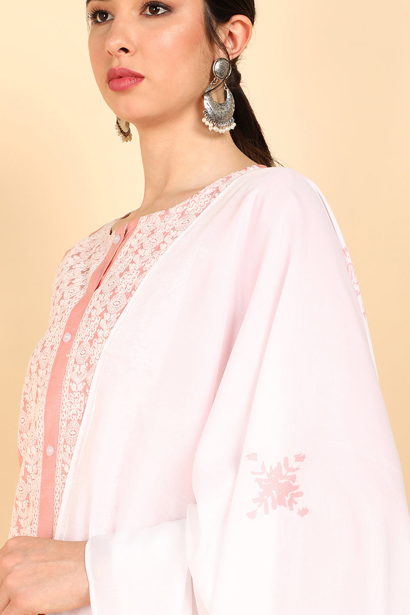 AHIKA Women Pink Embroidered Kurta Trousers With Dupatta 