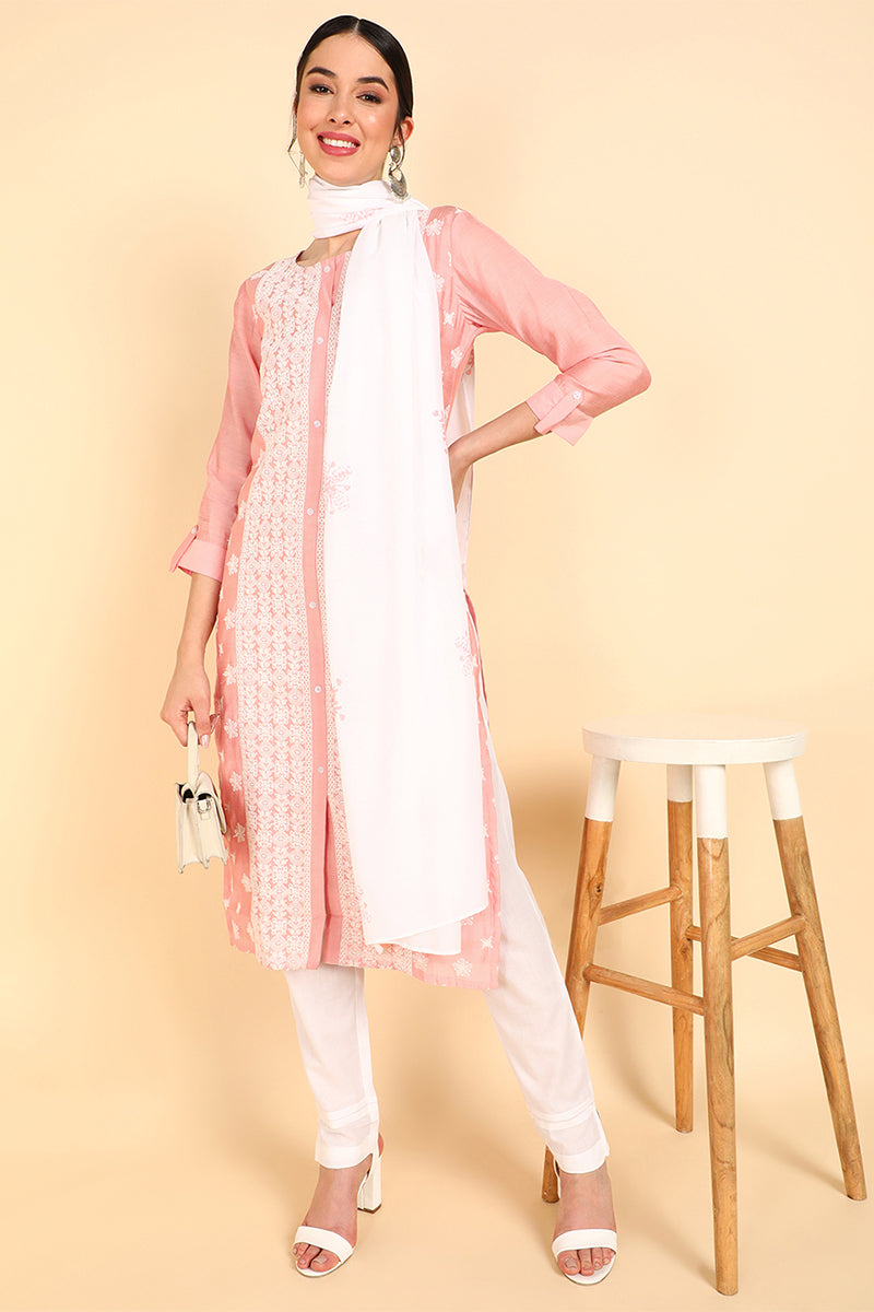 AHIKA Women Pink Embroidered Kurta Trousers With Dupatta 