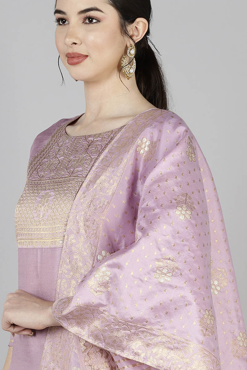 AHIKA Women Lavender Yoke Design Kurta Trousers With Dupatta 