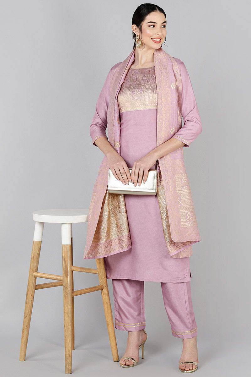 AHIKA Women Lavender Yoke Design Kurta Trousers With Dupatta 