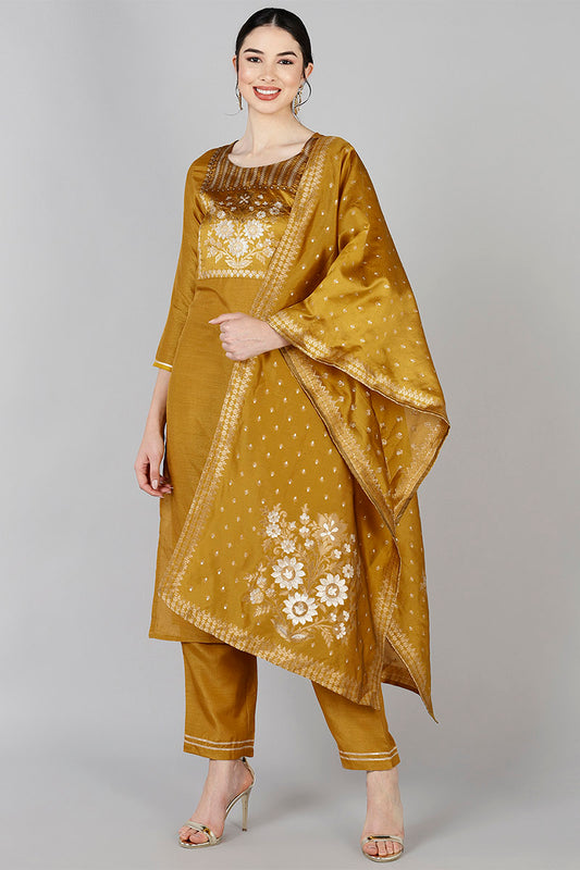 AHIKA Women Mustard Yoke Design Kurta Trousers With Dupatta 