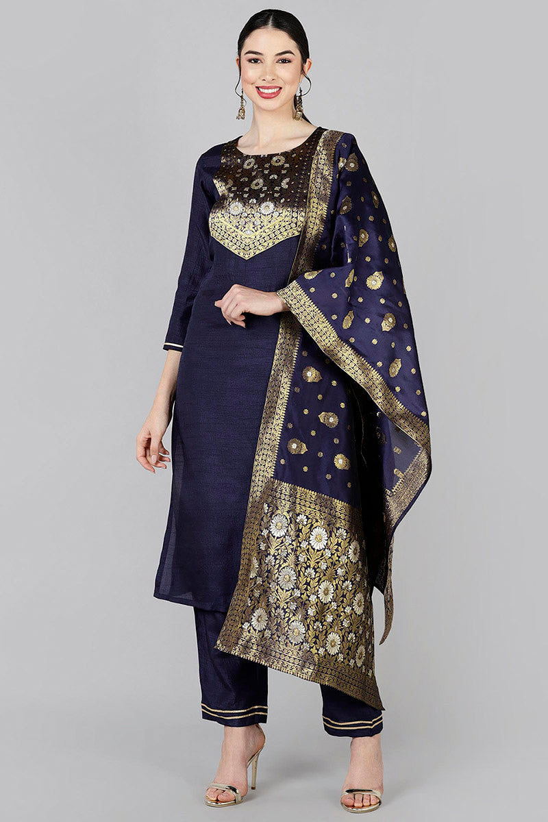 AHIKA Women Navy Blue Yoke Design Kurta Trousers With Dupatta 