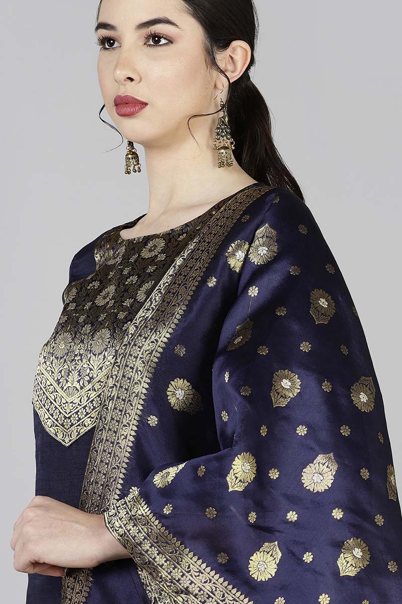 AHIKA Women Navy Blue Yoke Design Kurta Trousers With Dupatta 