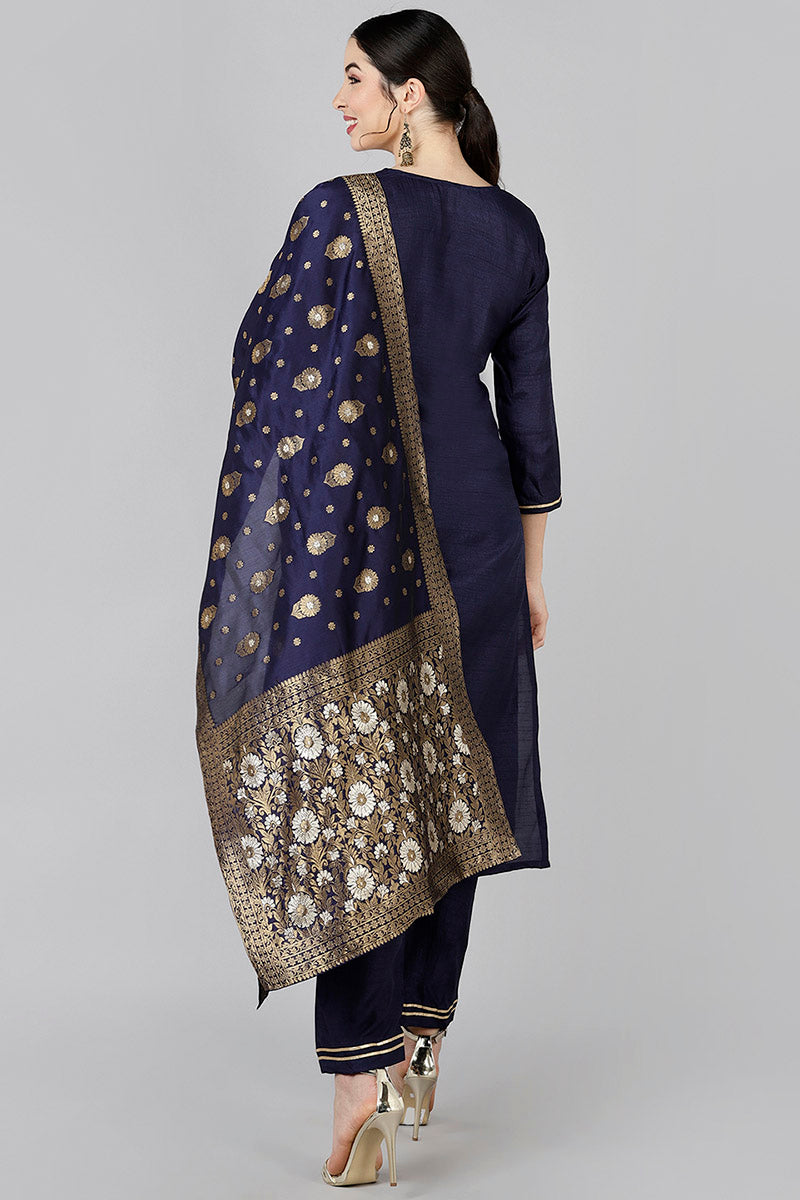 AHIKA Women Navy Blue Yoke Design Kurta Trousers With Dupatta 