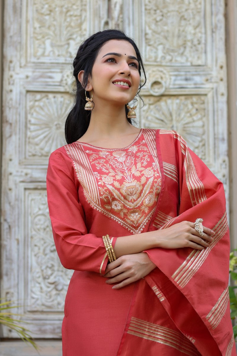 AHIKA Women Rust Ethnic Motifs Yoke Design Kurti with Trouse