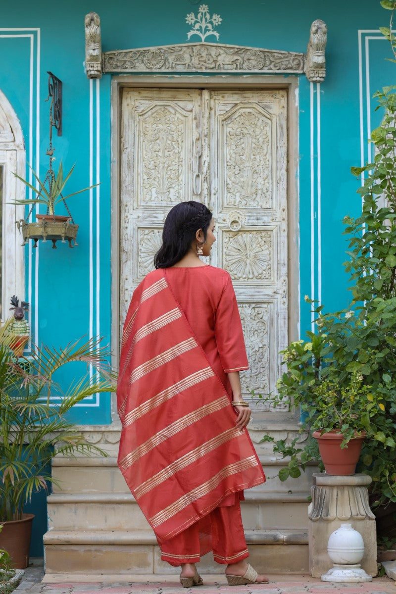 AHIKA Women Rust Ethnic Motifs Yoke Design Kurti with Trouse