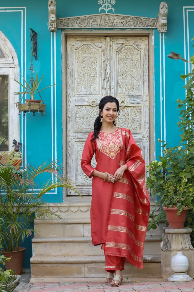 AHIKA Women Rust Ethnic Motifs Yoke Design Kurti with Trouse