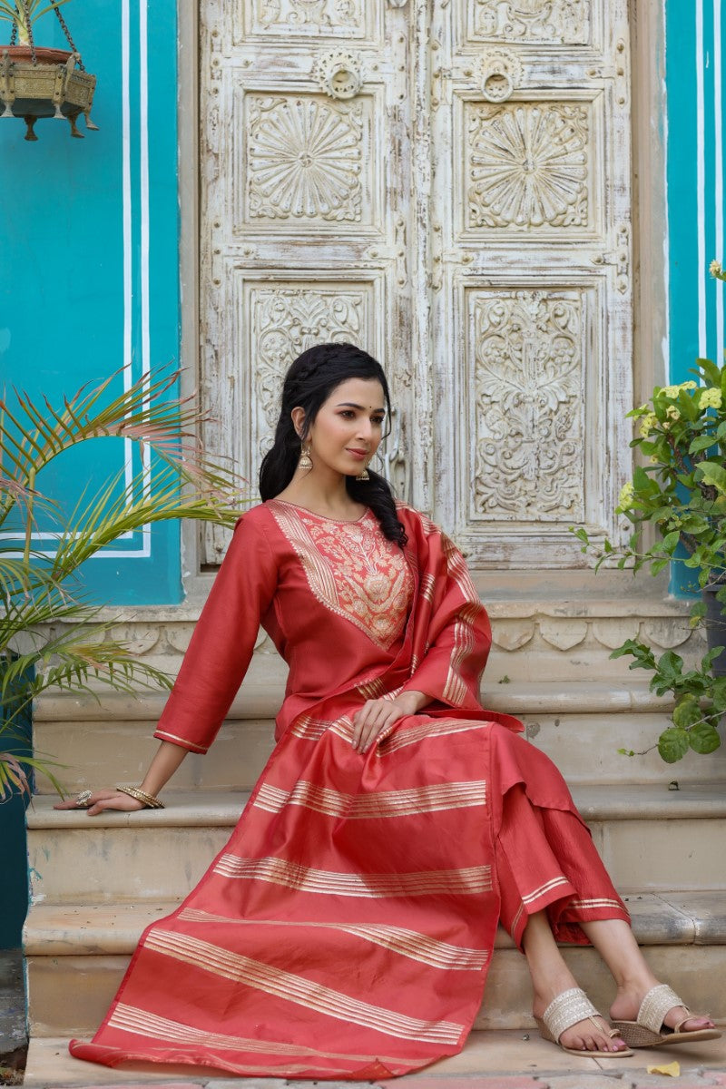 AHIKA Women Rust Ethnic Motifs Yoke Design Kurti with Trouse