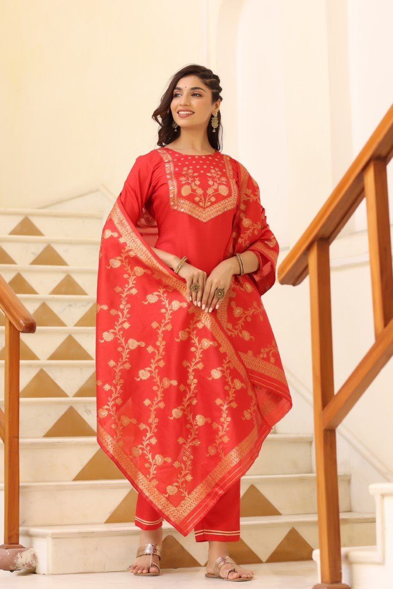 Women Red Bandhani Printed Pleated Thread Work Kurta with Trousers & W–  Inddus.in