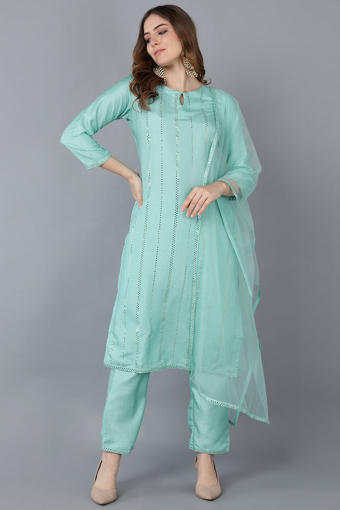 Sea Green Poly Silk Straight Suit Set PKSKD1384