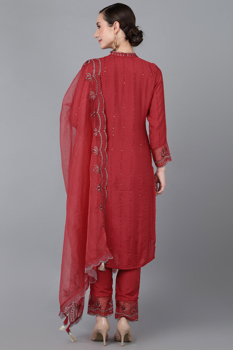 Red Poly Silk Sequin Embroidery Straight Suit Set PKSKD1387