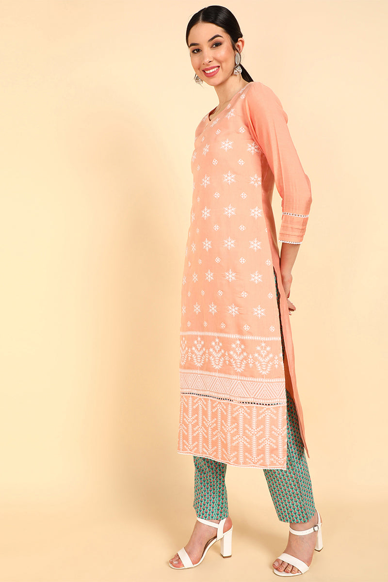 Ahika Women Peach Embroidered Poly Silk PKSKD1392