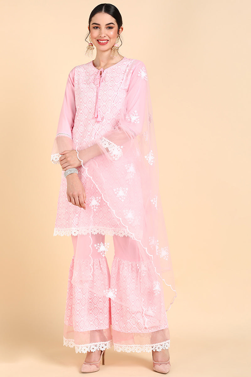 AHIKA Women Pink Printed Kurta Sharara With Dupatta