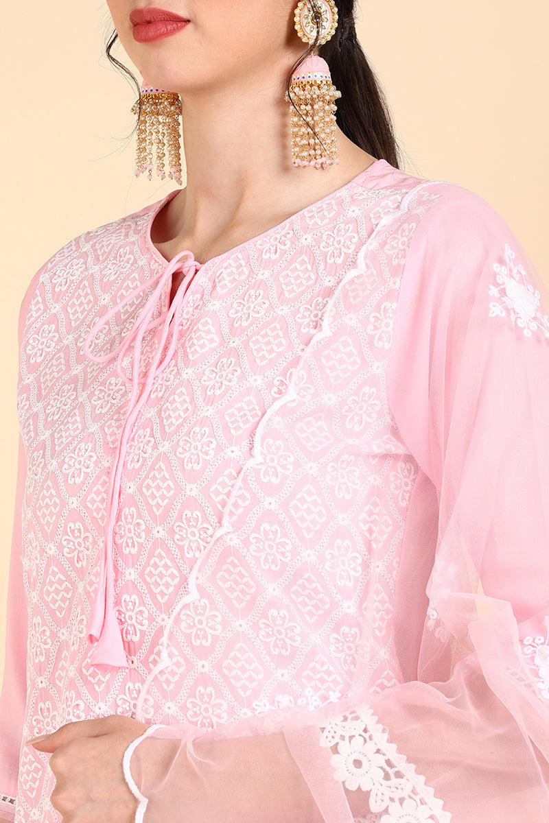 AHIKA Women Pink Printed Kurta Sharara With Dupatta