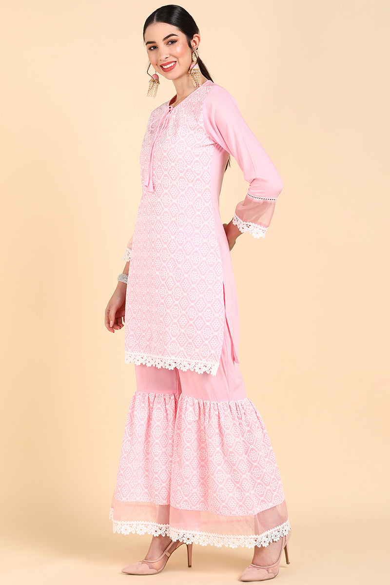 AHIKA Women Pink Printed Kurta Sharara With Dupatta