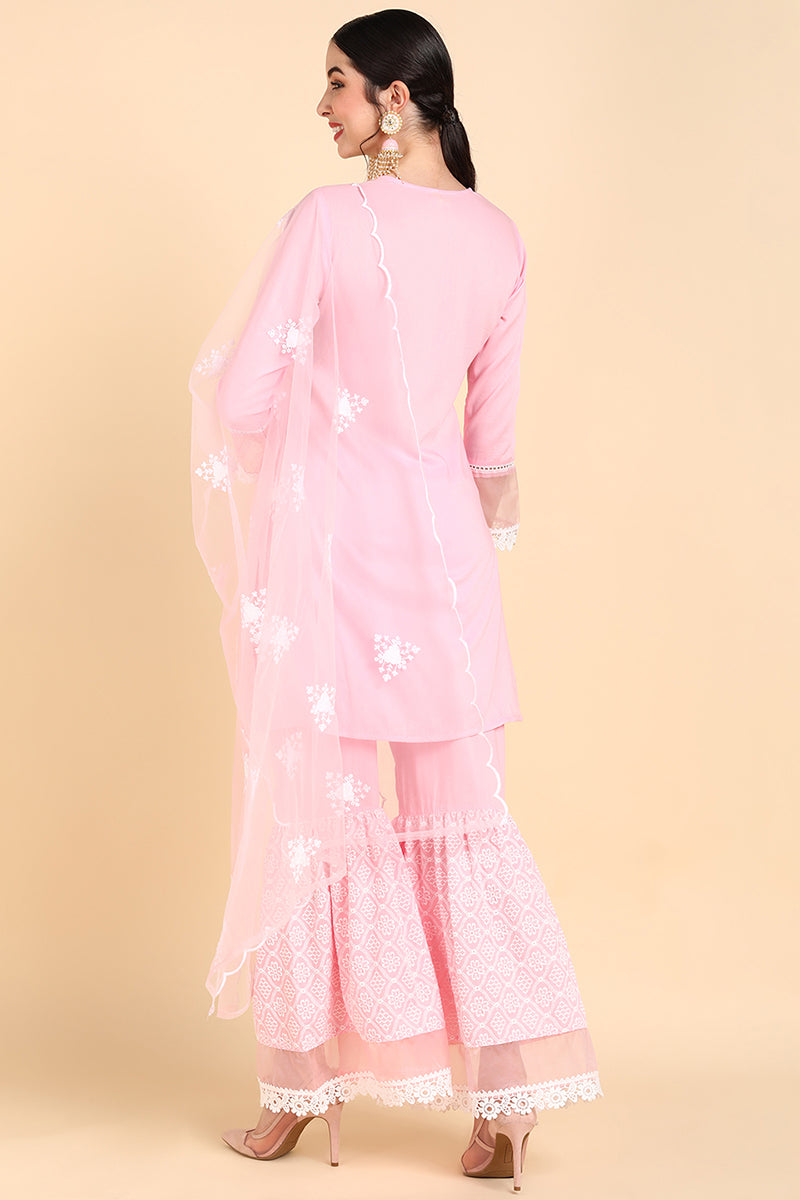 AHIKA Women Pink Printed Kurta Sharara With Dupatta