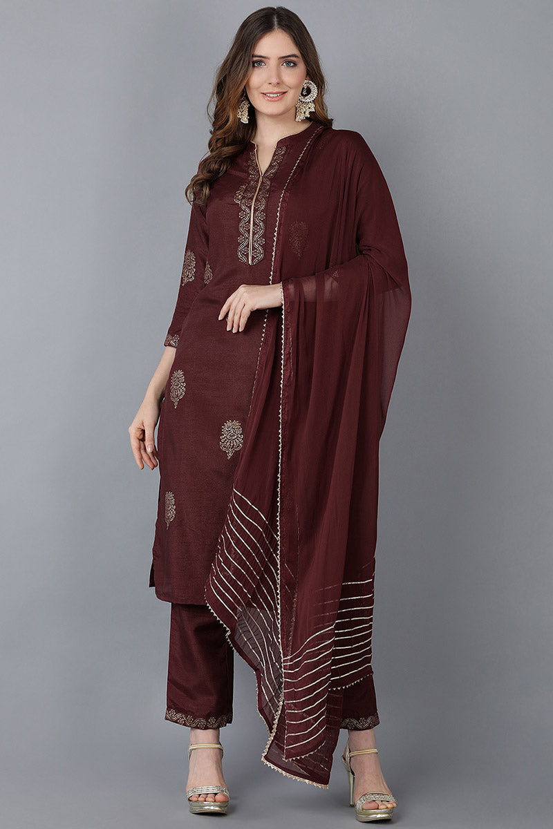 AHIKA Women Maroon Solid Kurta Trousers With Dupatta