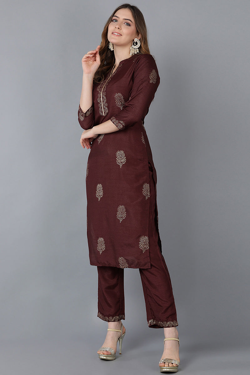 AHIKA Women Maroon Solid Kurta Trousers With Dupatta