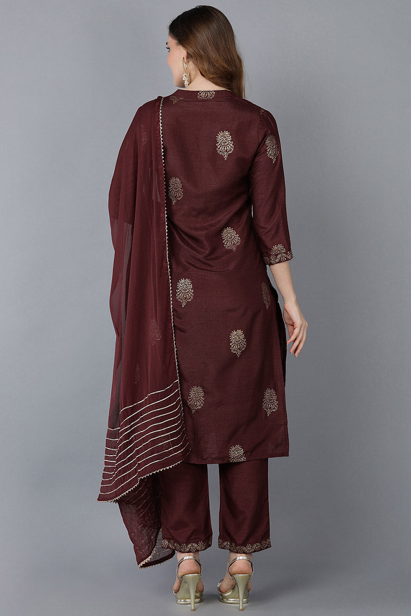 AHIKA Women Maroon Solid Kurta Trousers With Dupatta