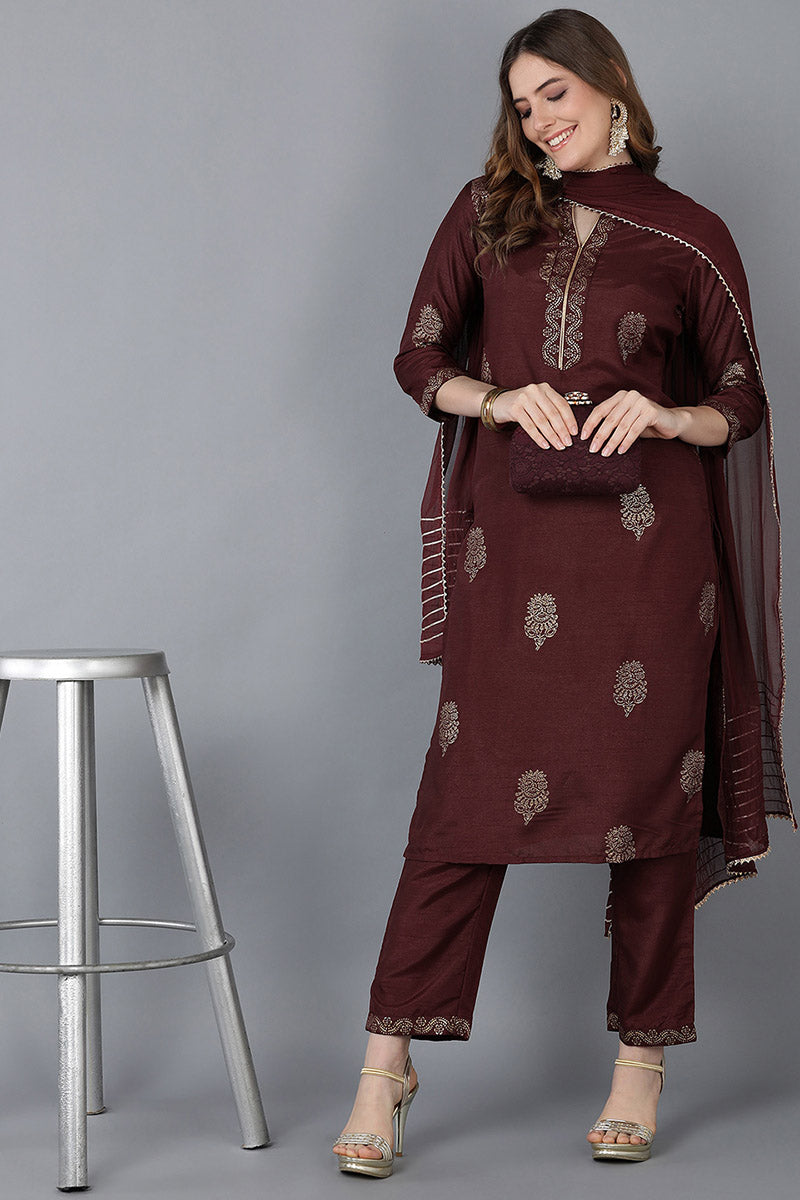 AHIKA Women Maroon Solid Kurta Trousers With Dupatta