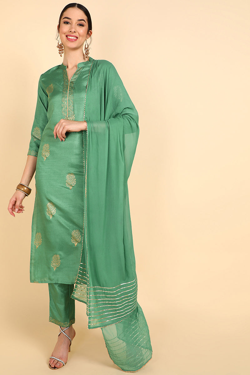 AHIKA Women Green Solid Kurta Trousers With Dupatta