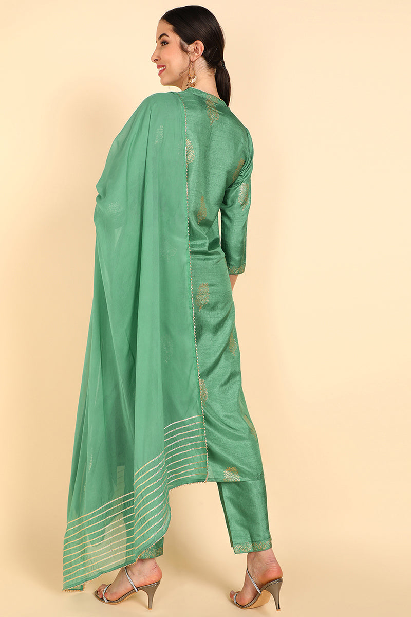 AHIKA Women Green Solid Kurta Trousers With Dupatta