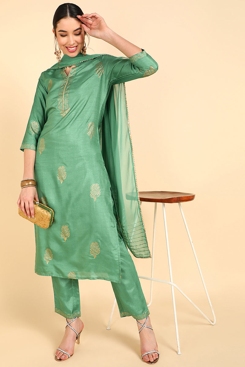 AHIKA Women Green Solid Kurta Trousers With Dupatta