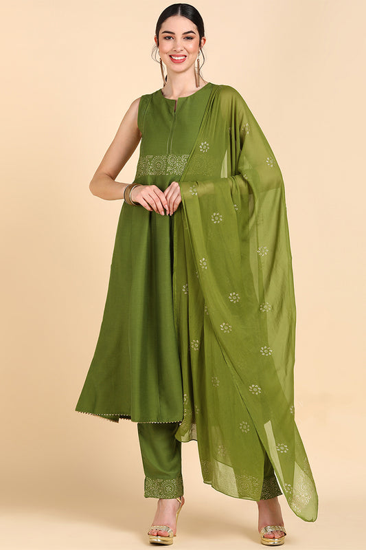 AHIKA Women Olive Solid Kurta Trousers With Dupatta