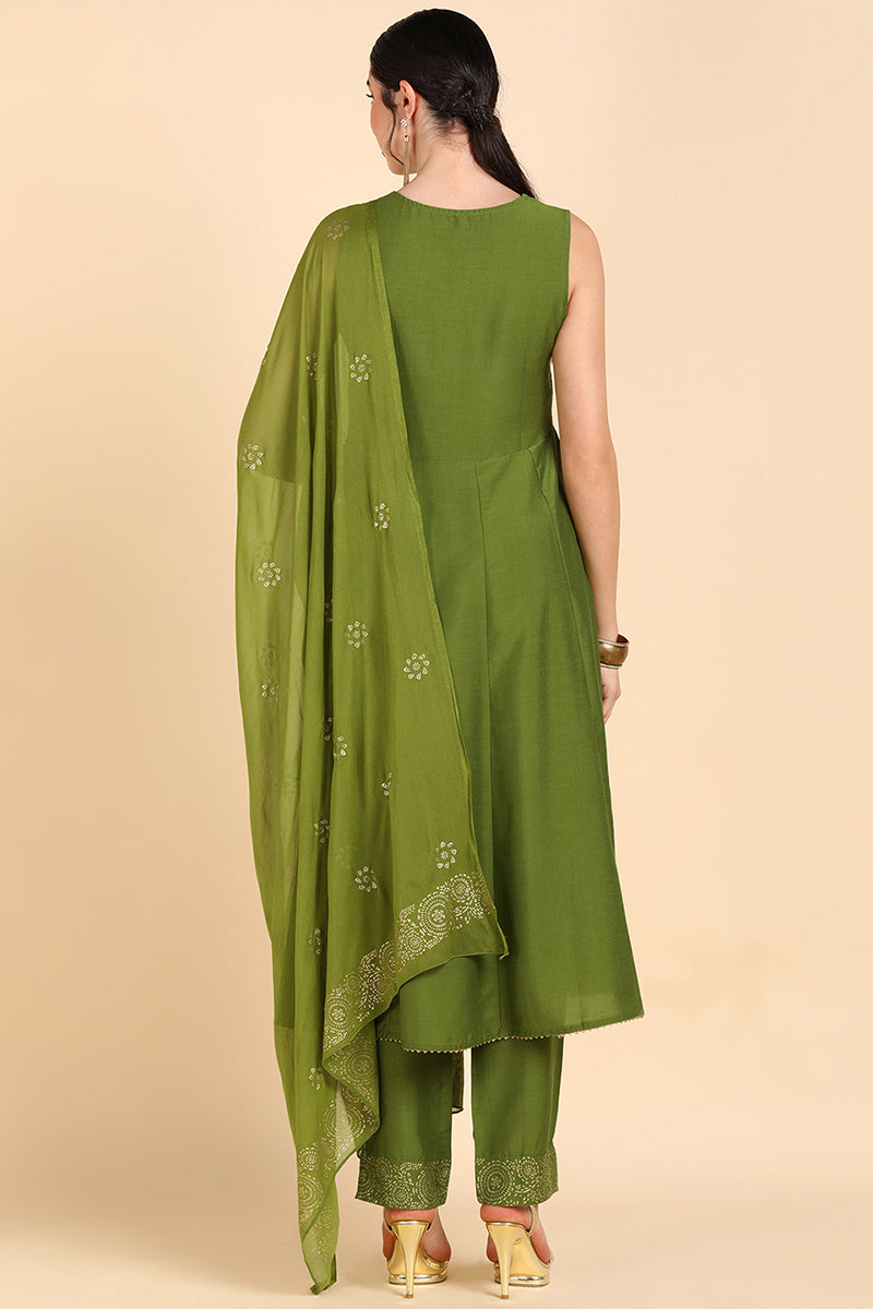 AHIKA Women Olive Solid Kurta Trousers With Dupatta