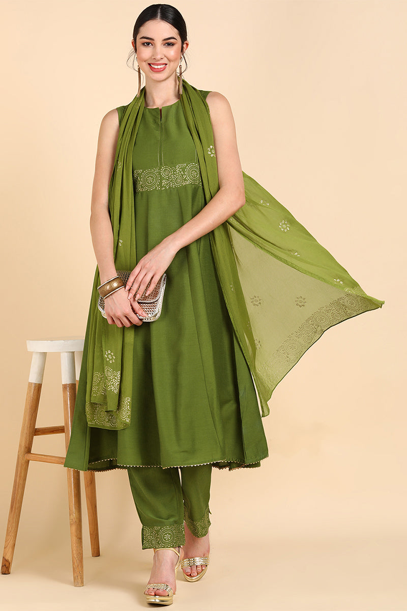 AHIKA Women Olive Solid Kurta Trousers With Dupatta