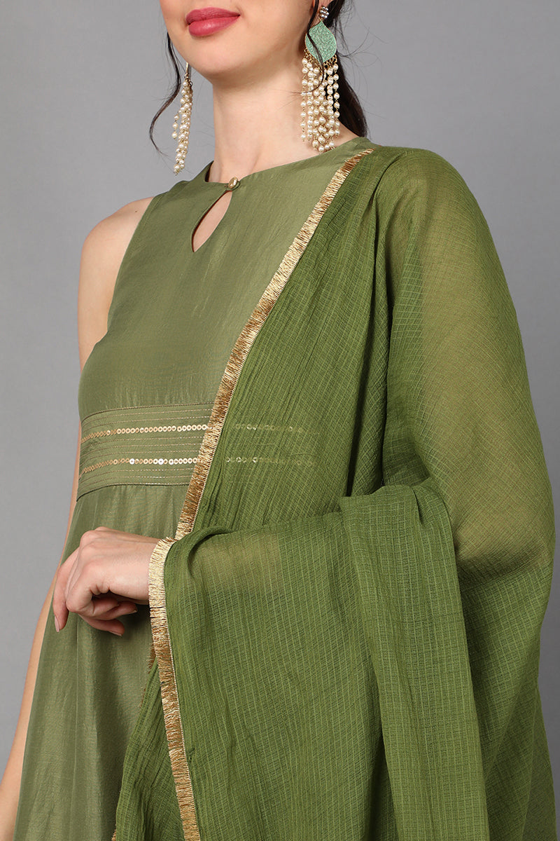 AHIKA Women Green Empire Kurti with Trousers & With Dupatta