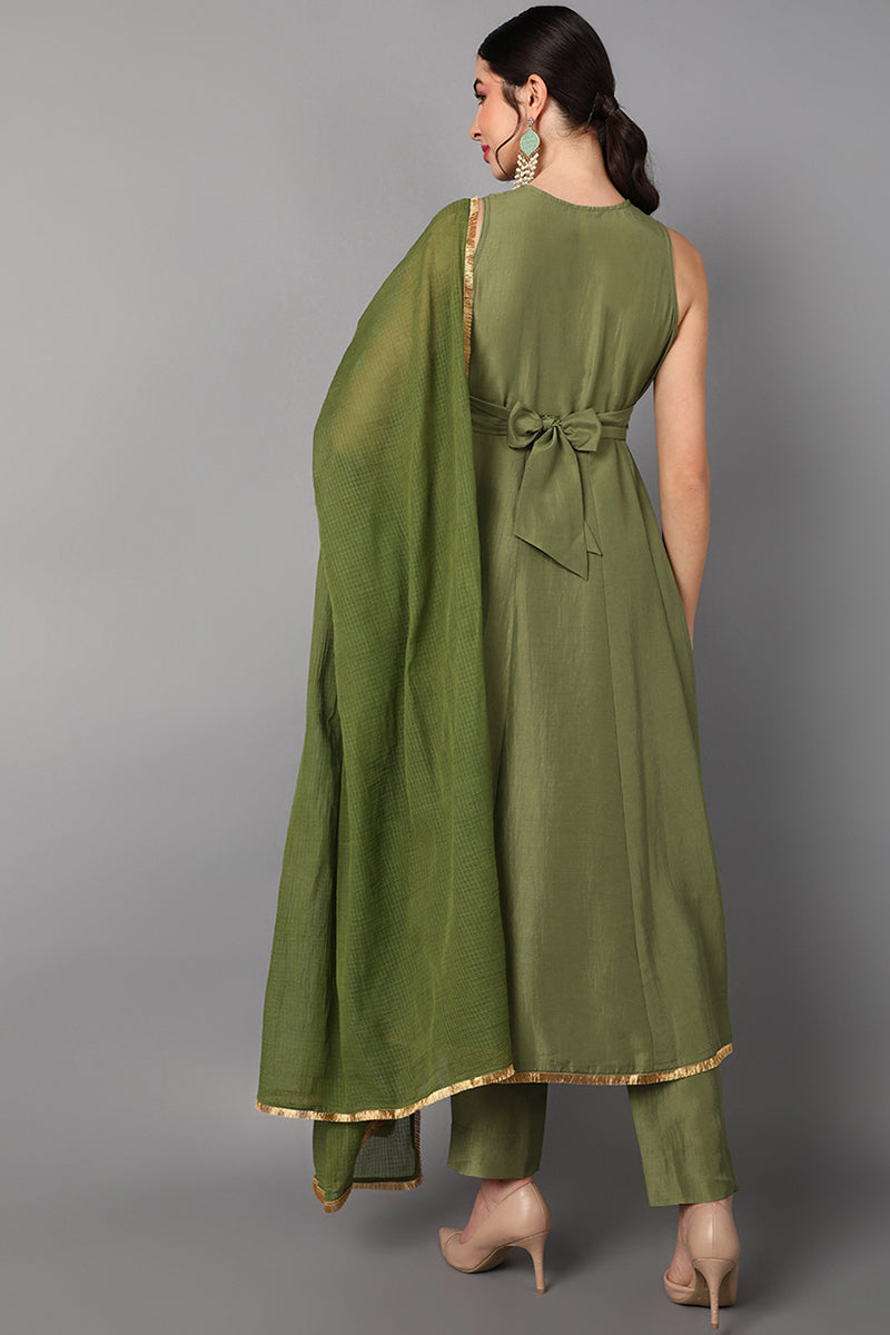 AHIKA Women Green Empire Kurti with Trousers & With Dupatta