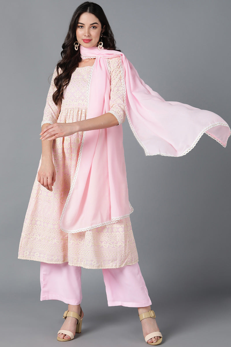 Ahika Women Pink Poly Georgette Embroidered Kurta Trouser With Dupatta 