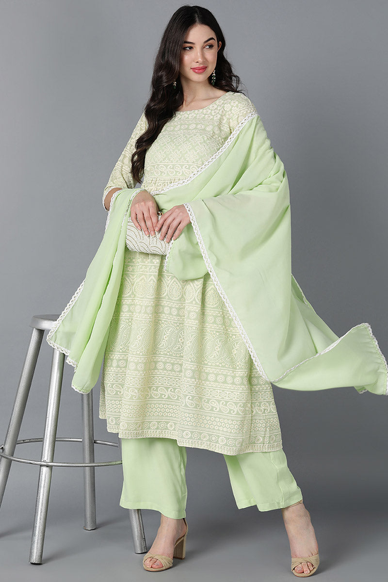 Ahika Women Green Poly Georgette Embroidered Kurta Trouser With Dupatta