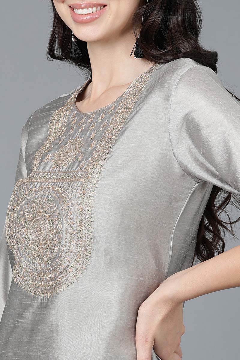 Ahika Women Grey Poly Silk Embroidered Kurta Trousers With Dupatta 