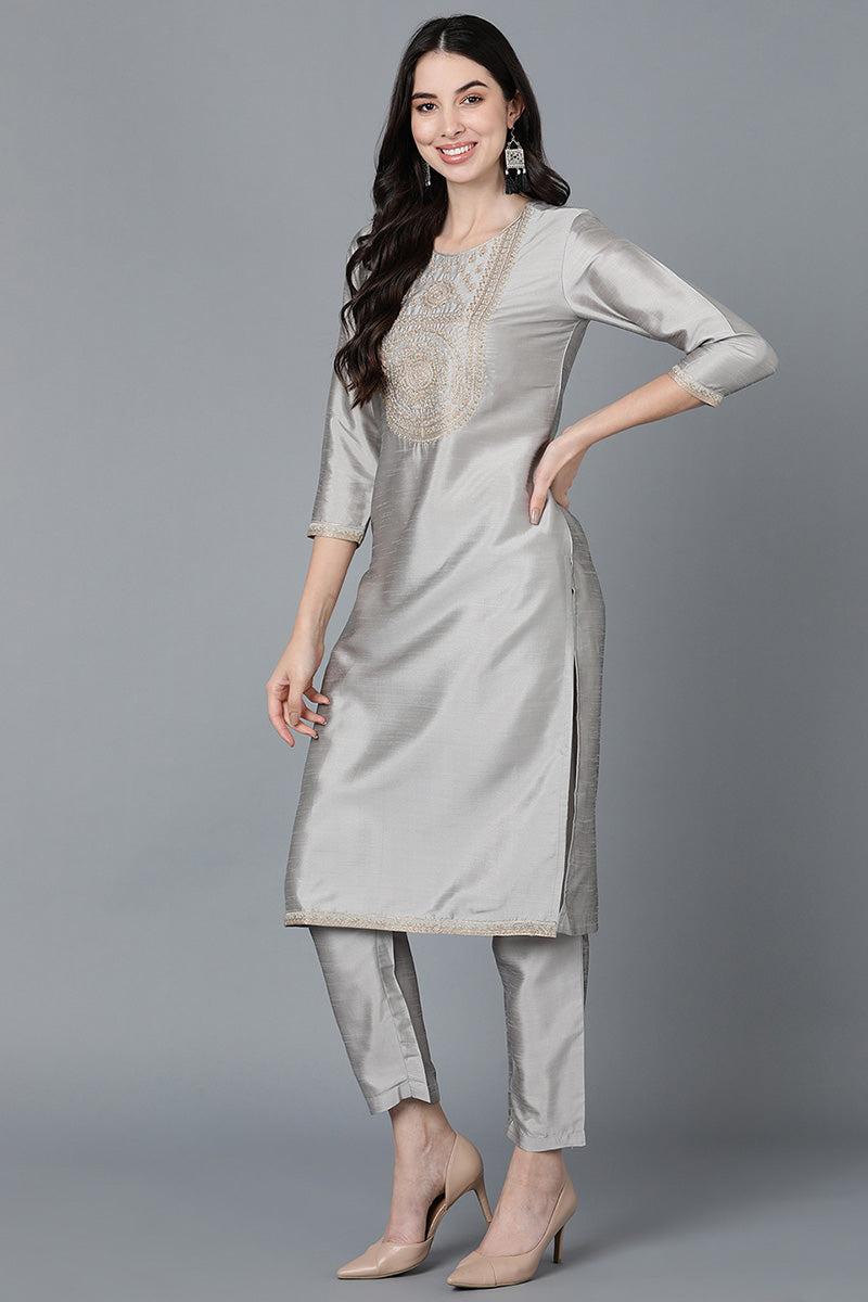 Ahika Women Grey Poly Silk Embroidered Kurta Trousers With Dupatta 